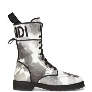Fendi Black Grey White Tie Dye Canvas Lace Up Tie Logo Combat Biker Boot
